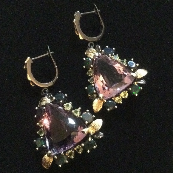 Breathtaking Genuine Amethyst & Black Opal Earrings, combined 53 CTW ! - Picture 3 of 11